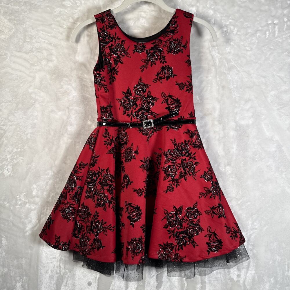 Beautees Dress Girls 8 Red Velvet Fit & Flare Floral Rose Sleeveless Lined Belt